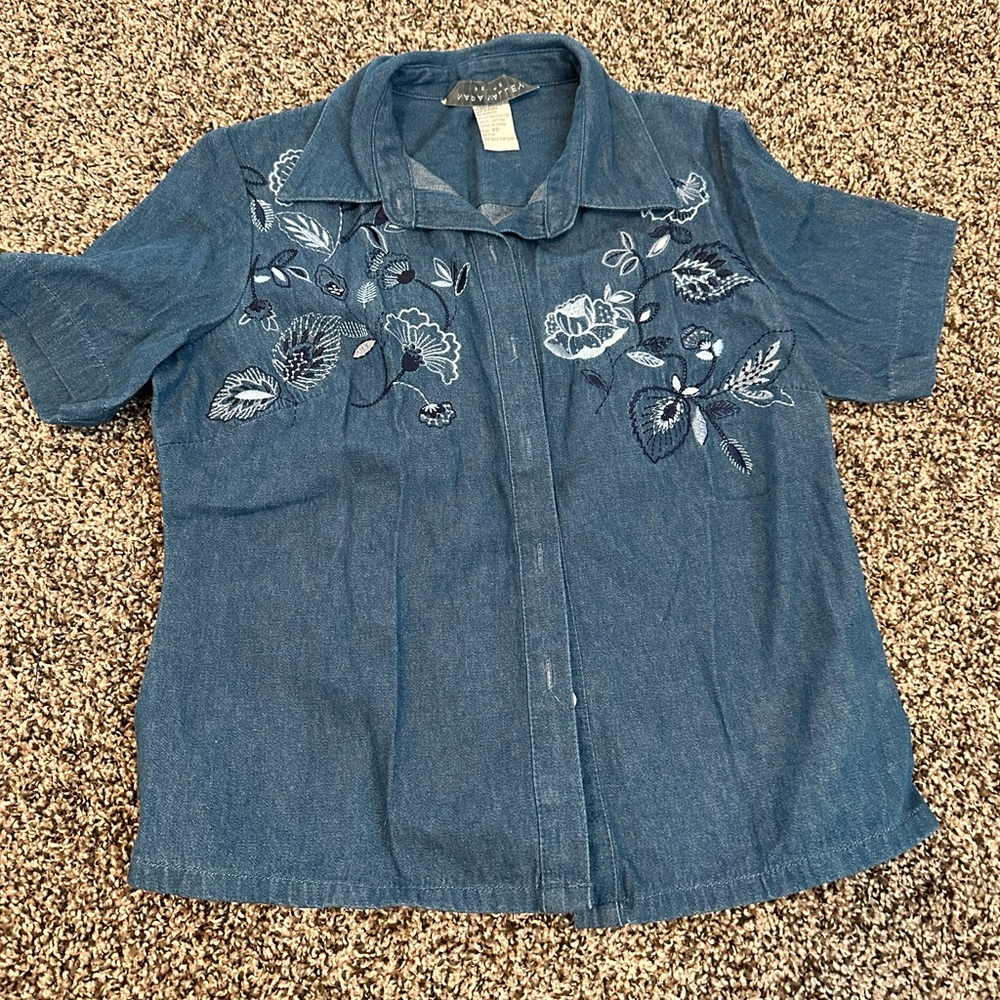 Floral Embroidered Denim Button Down Shirt